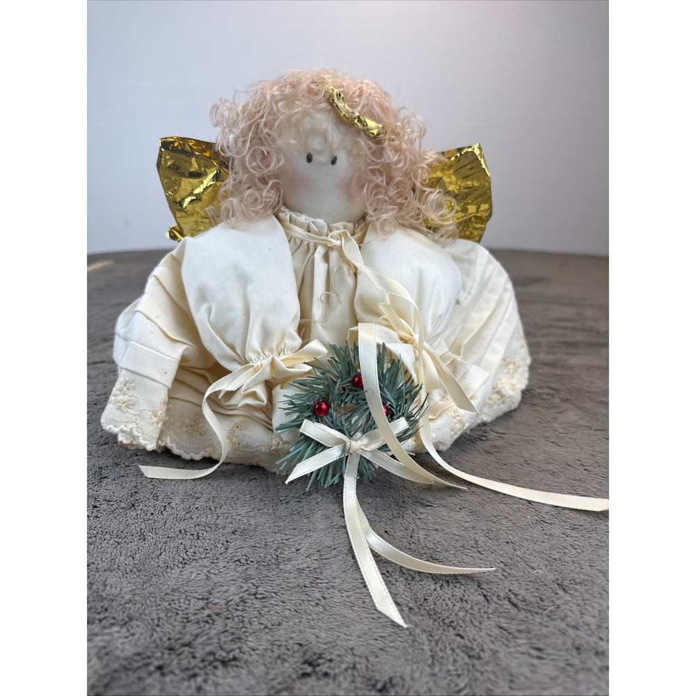 Vintage Handmade Fabric Christmas Angel Tree Topper Gold Wings Wreath Cream Gown